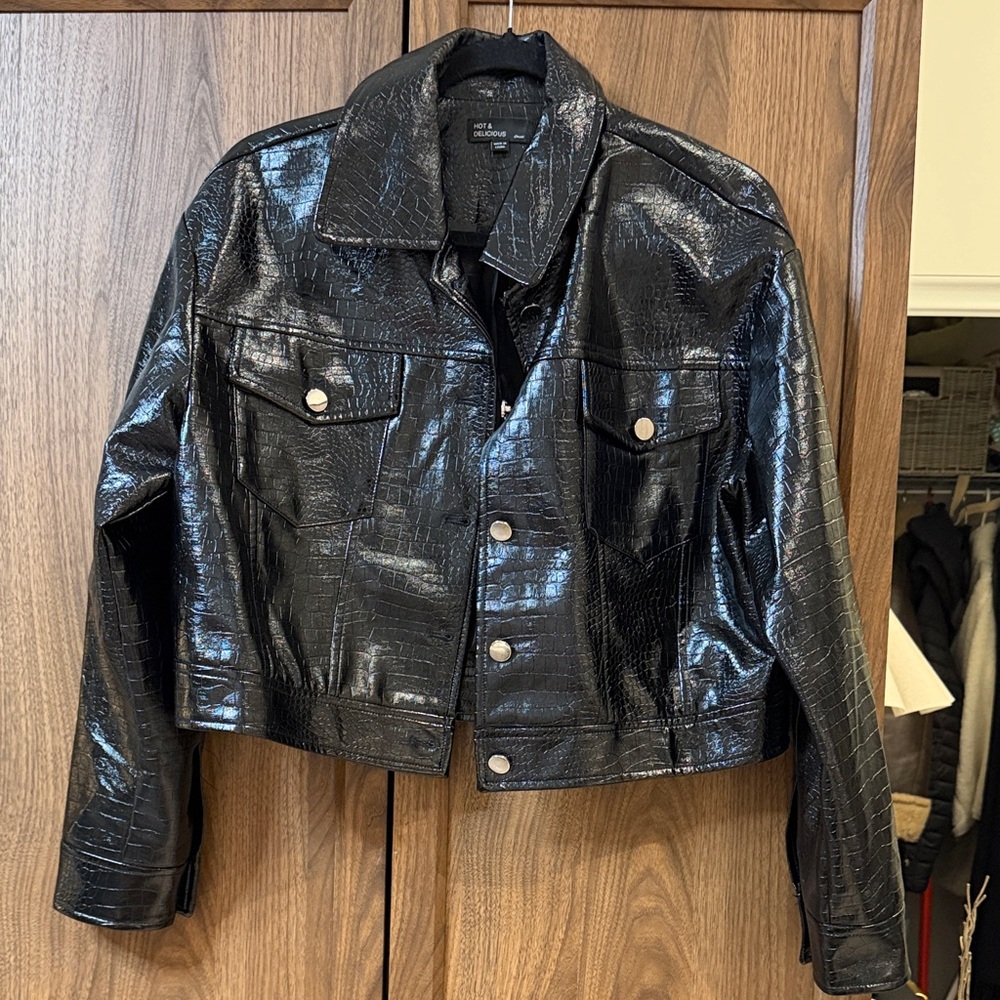 Hot & Delicious Shiny Black Croc-Pattern Leather Jacket